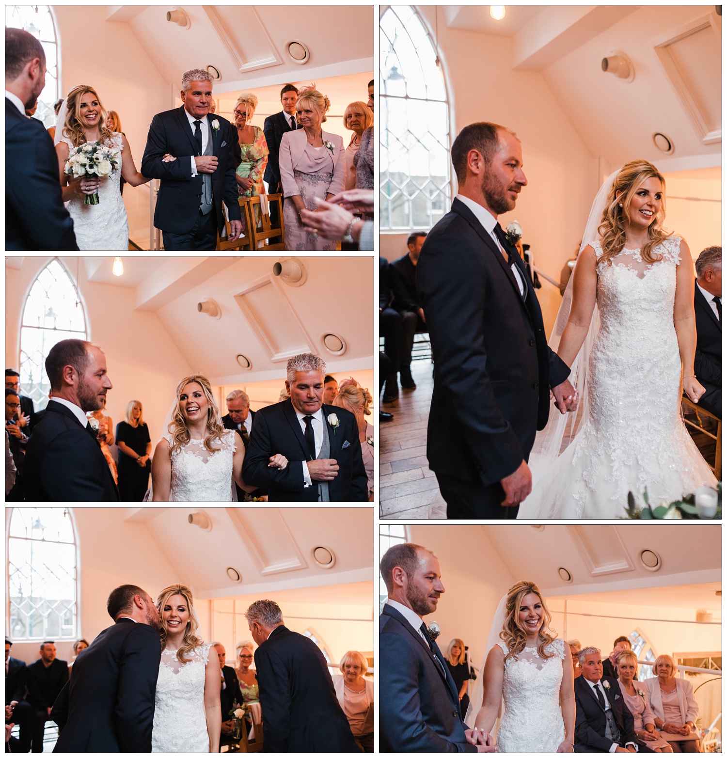 Bride and groom take their vows in the 'chapel' mezzanine of The Old Parish Rooms in Rayleigh. There's a pointed arch window and peach lighting.