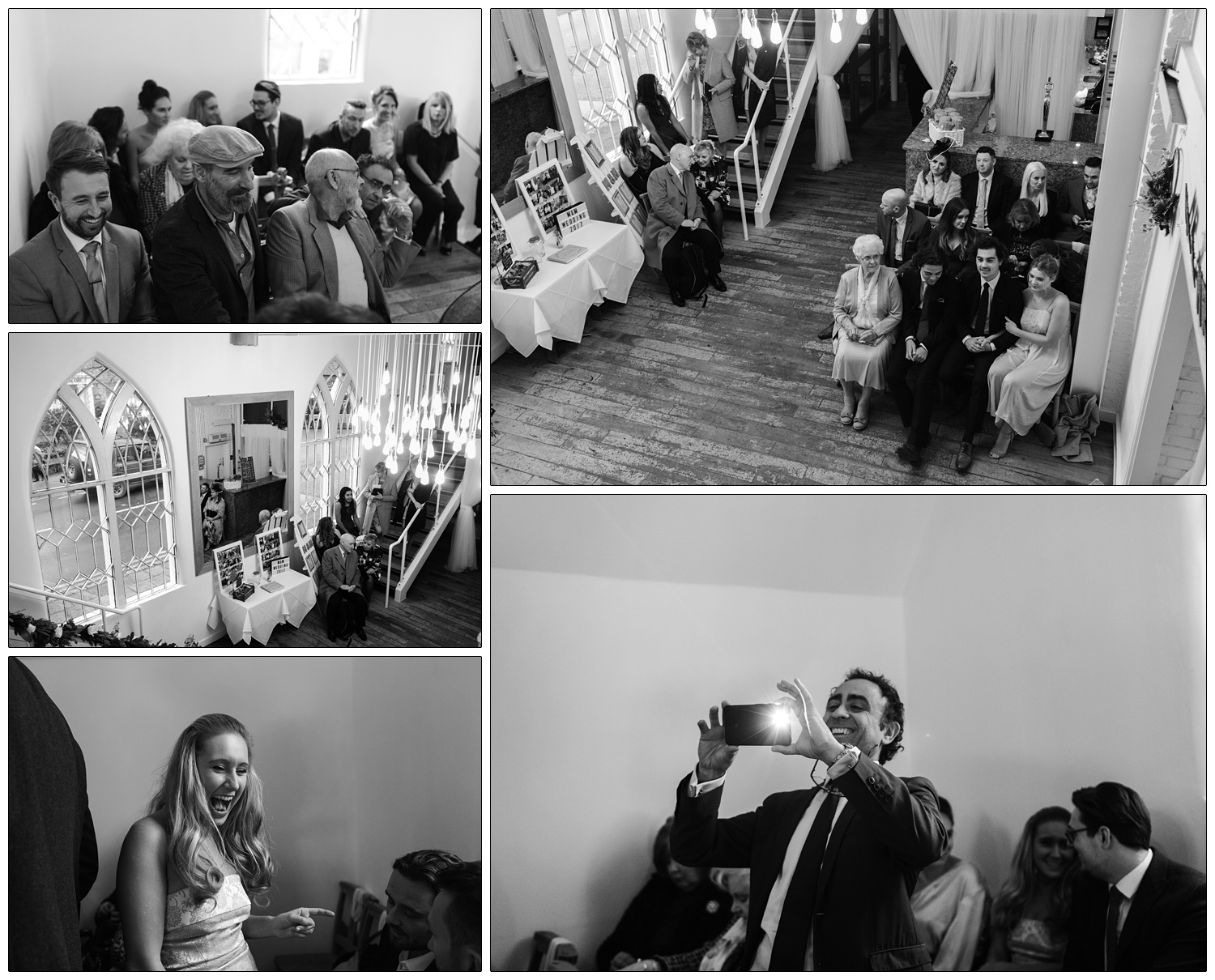 Black and white photographs at an Essex wedding in the winter. A man is taking a photo with a phone and the flash goes off. A man sitting down watching the ceremony is wearing a flat cap.