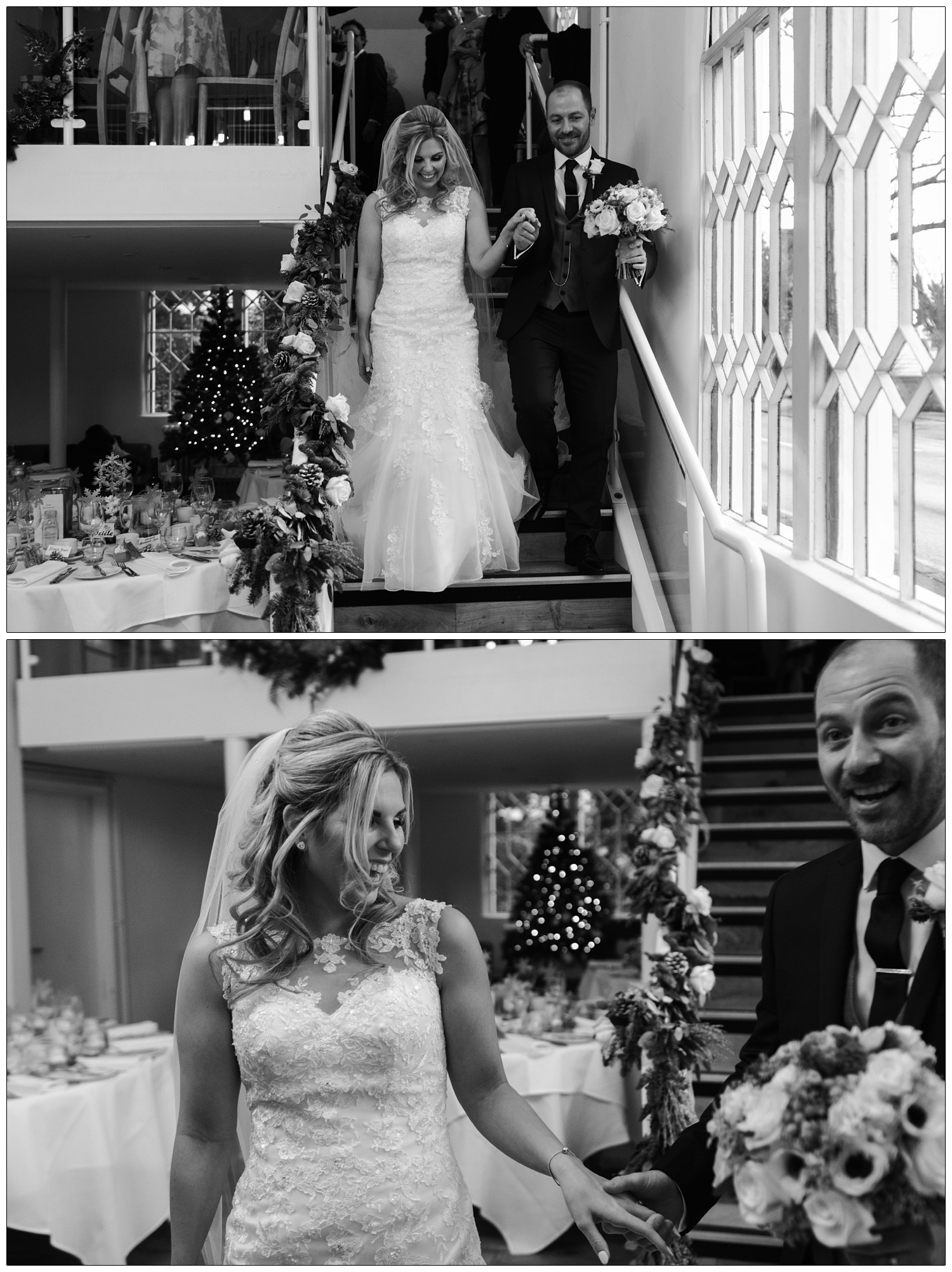 Bride and groom walk down the stairs after wedding ceremony at the Old Parish Rooms.