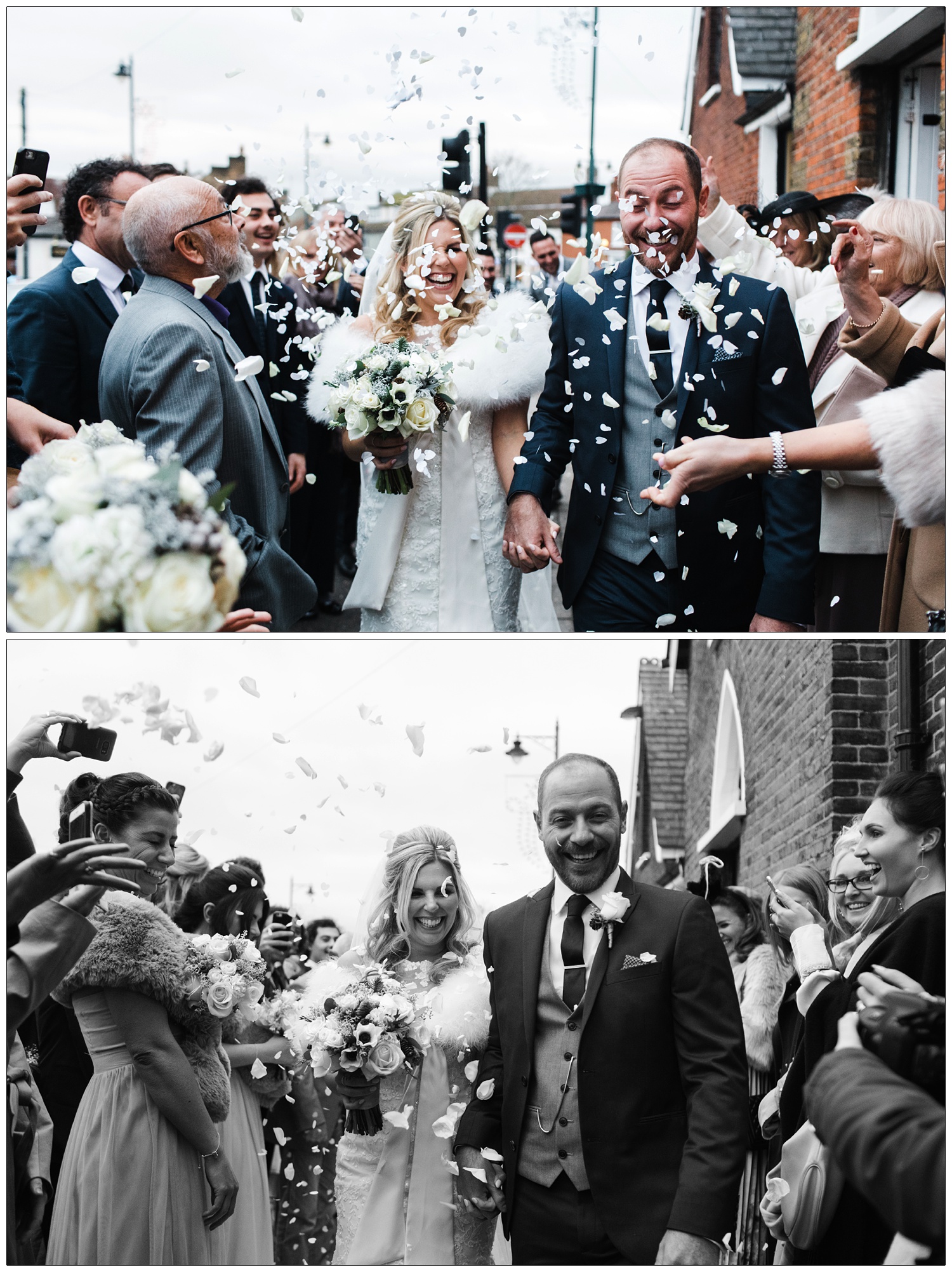 People throwing confetti and bride and groom outside the Old Parish Rooms on Hockley Road.