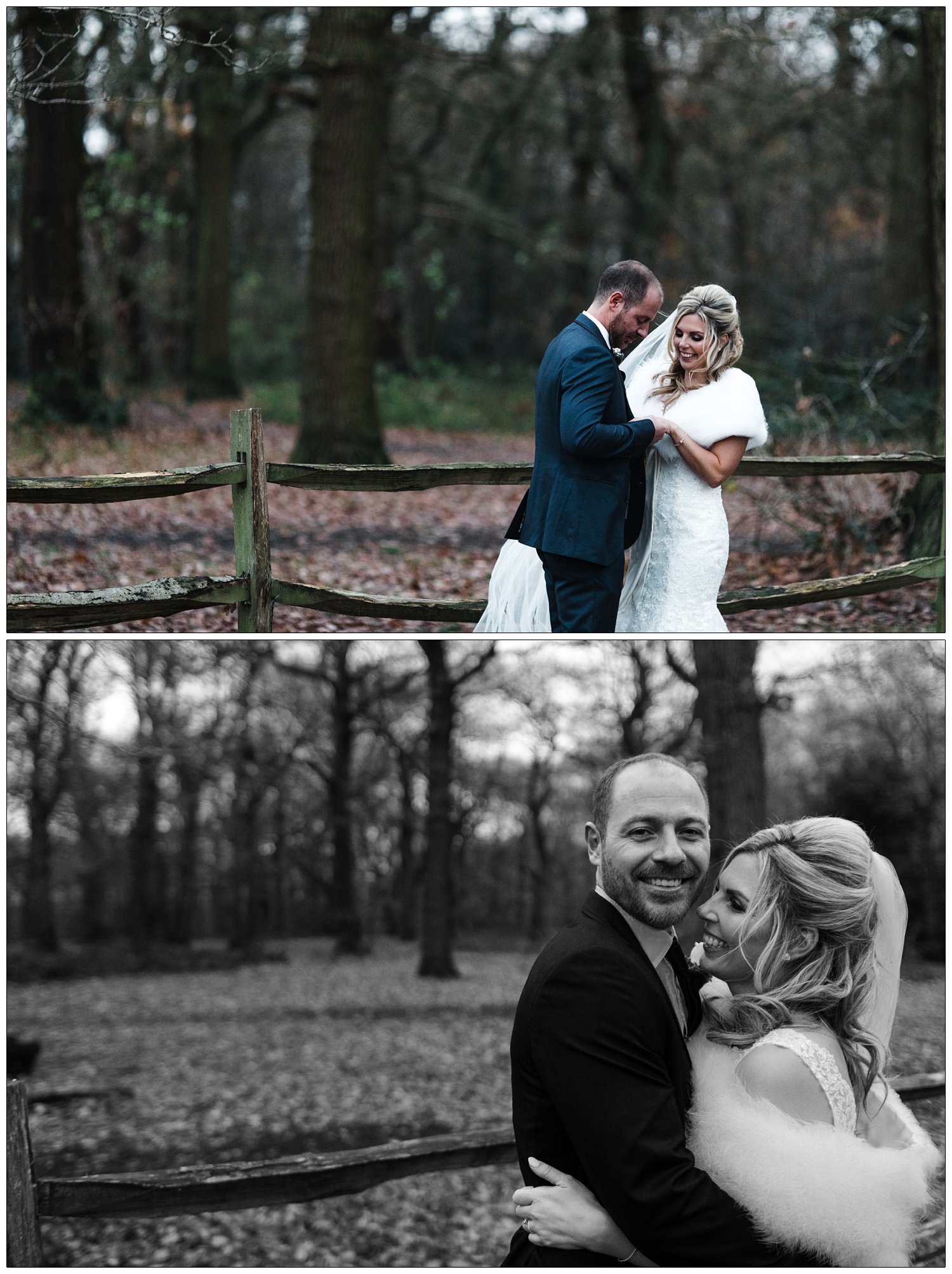 Newly married couple photographs in Hockley woods in December. It's already starting to get dark.