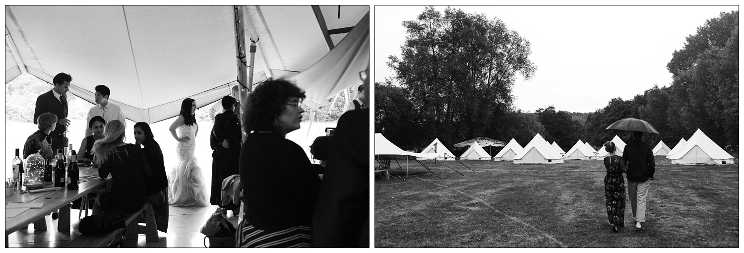 Candid wedding photographs at Chalkney Water Meadows. A bride in a fishtail dress can be seen through guests sitting at tables. A woman and man walk under an umbrella towards the glamping tents.