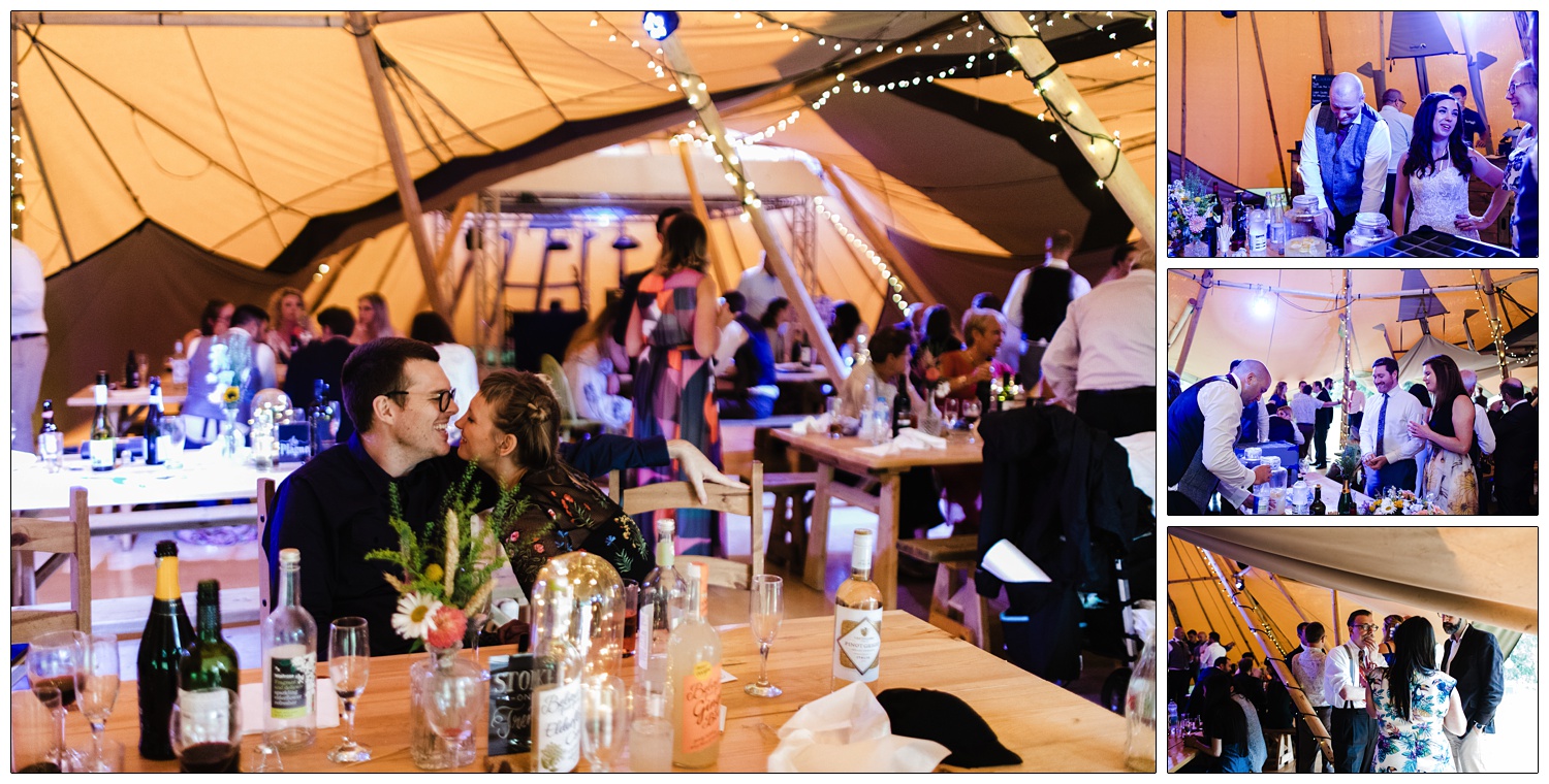 People ordering cocktails from bride and groom. A man and woman nearly kiss sat at a table in a tentipi.