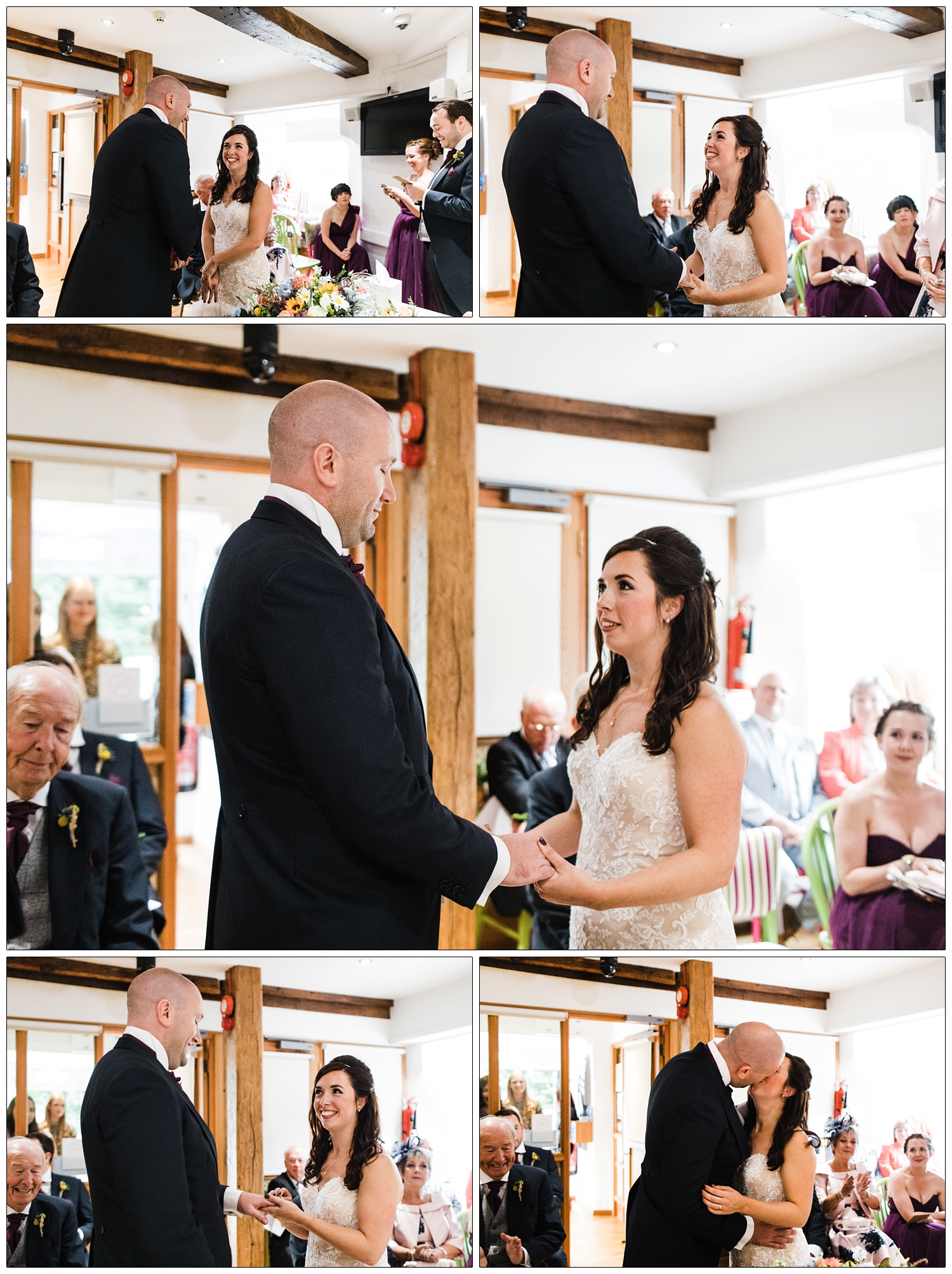 Wedding ceremony in the Rayleigh Windmill. Bride and groom are holding hands and kiss.