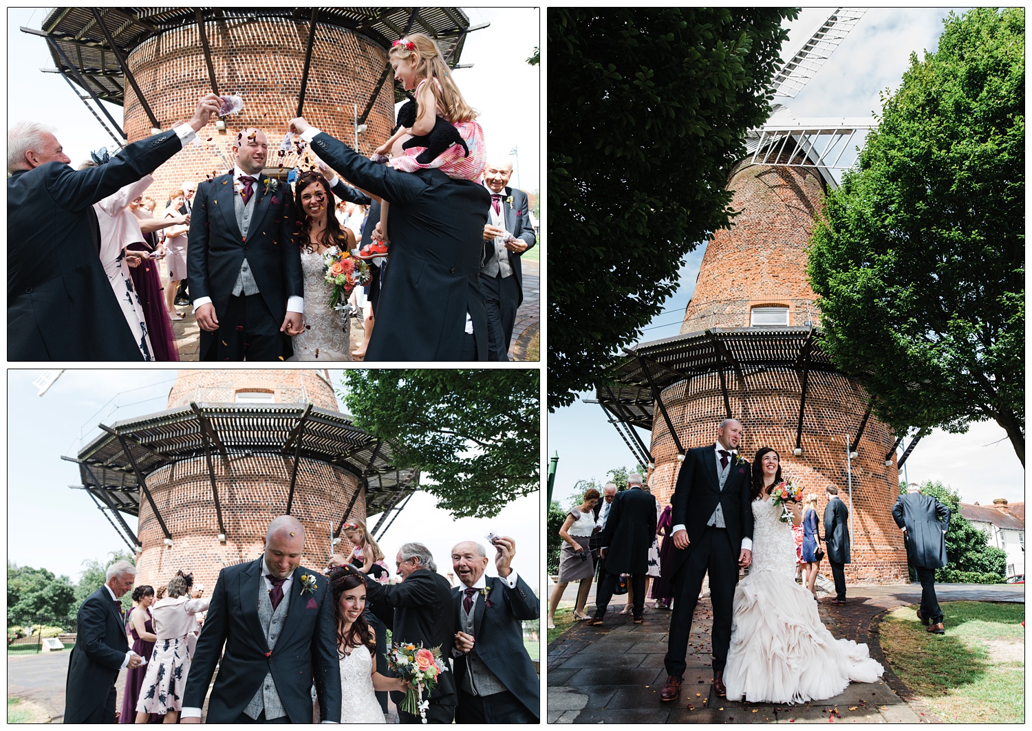 People throwing confetti at a couple after getting married in the Rayleigh Windmill.