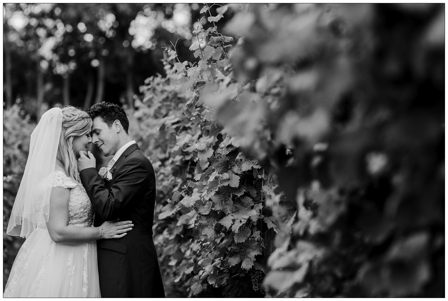 Bride and groom about to kiss in the Bardfield vineyard at the Great Lodge wedding venue.