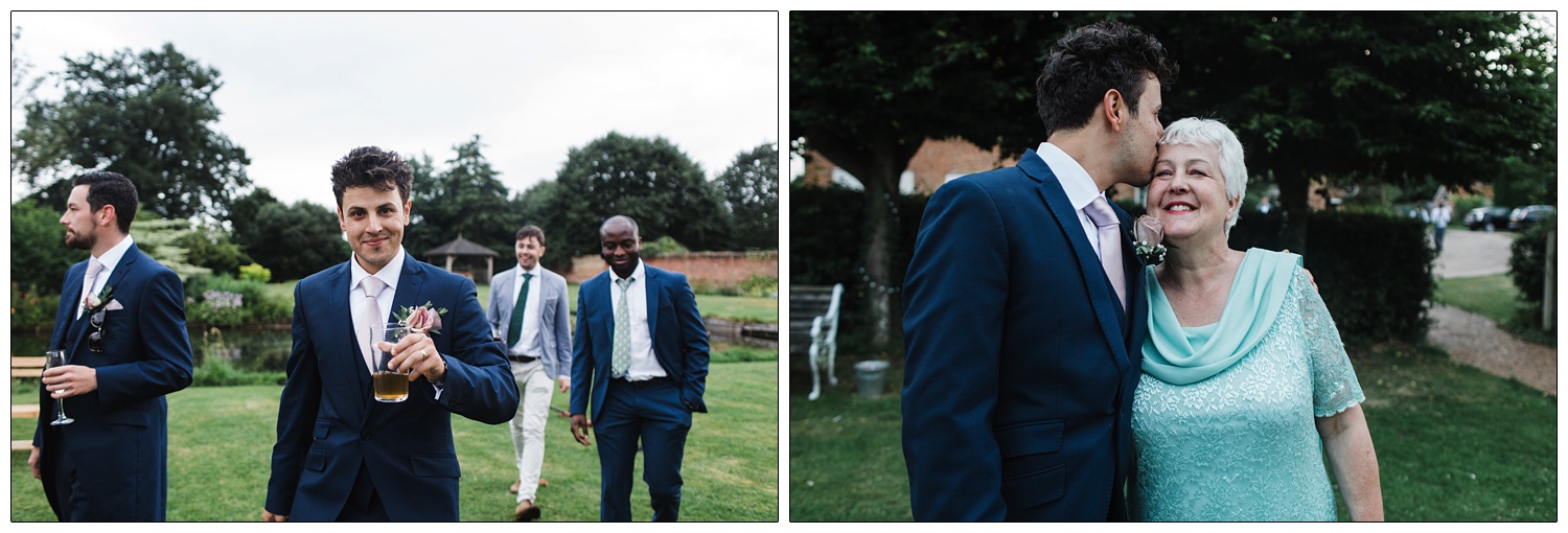 Groom is outside and kisses his mum on the forehead.