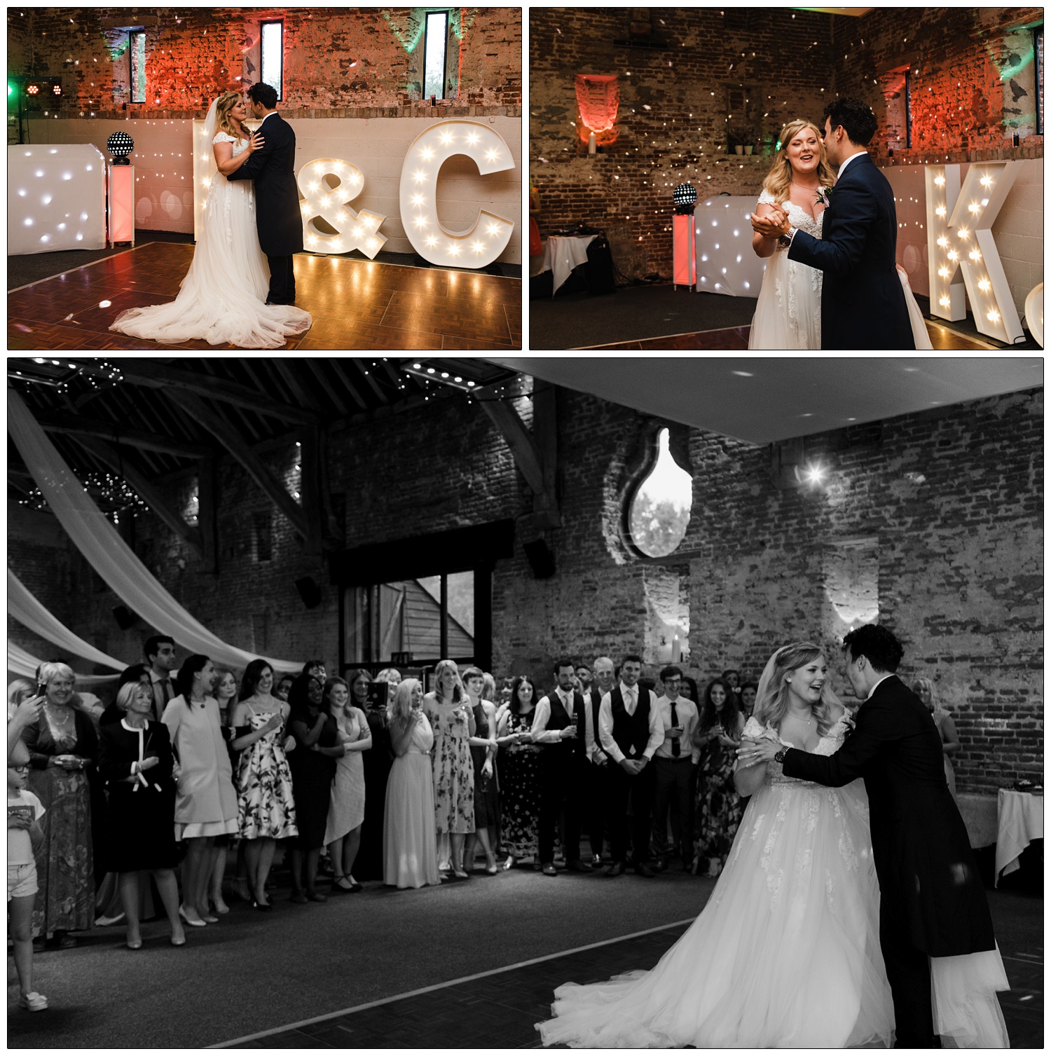 Bride and groom having their first dance in a barn venue near Braintree. Their friends and family watch.
