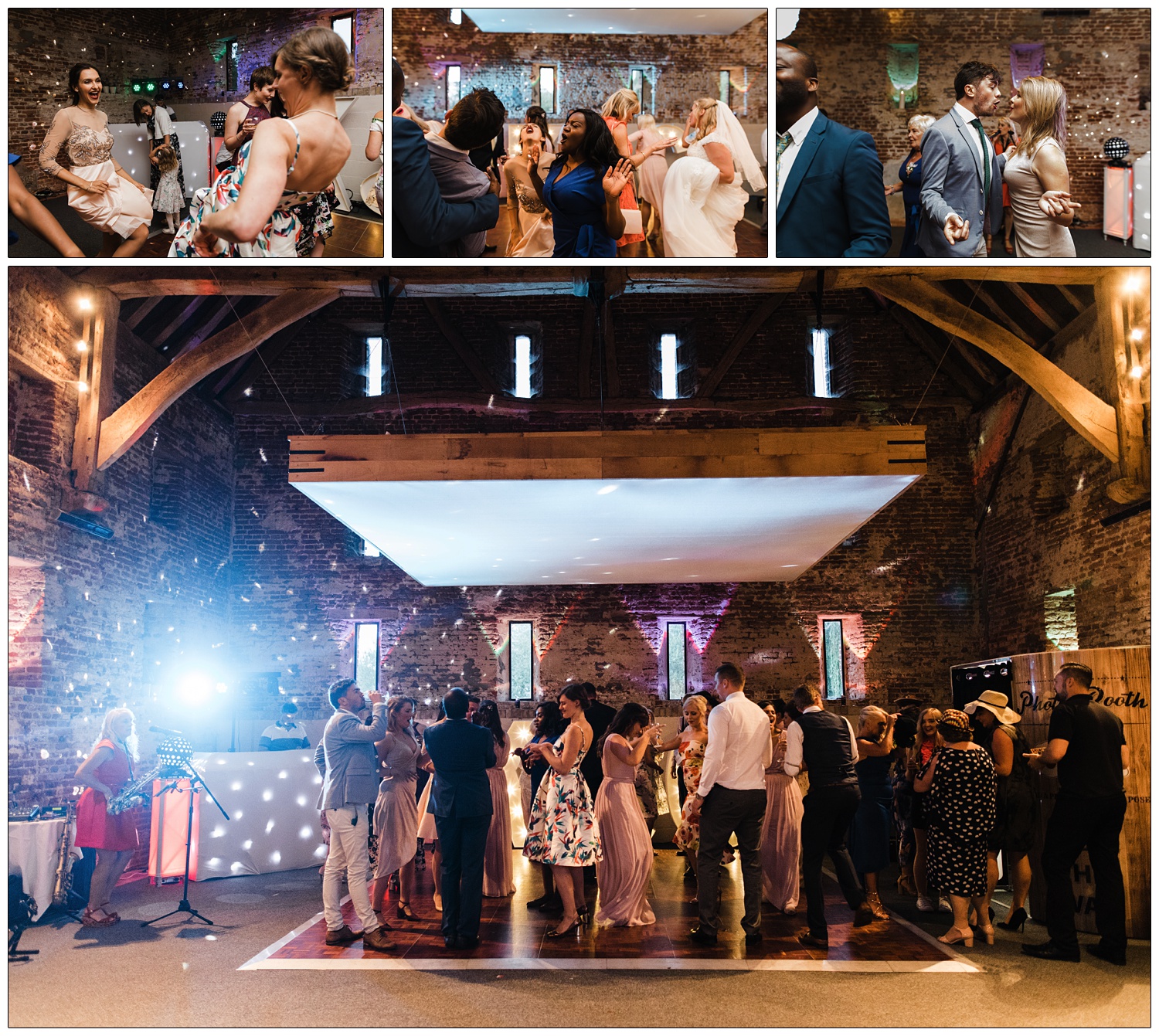 A saxophonist is playing along to music, people are on the dance floor that has a floating white ceiling. They are in the Anne of Cleves Barn at the Great Lodge venue near Braintree.