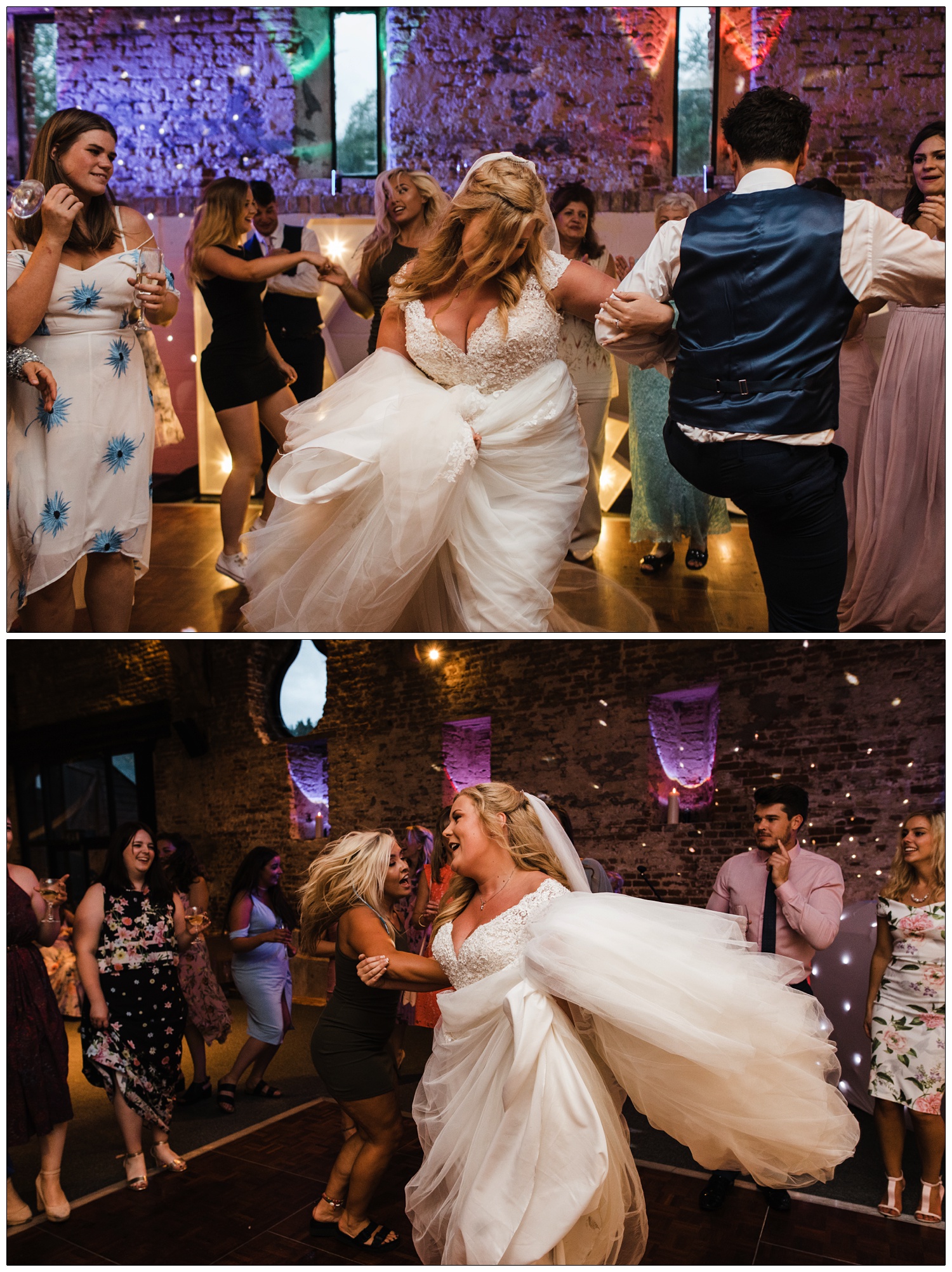 Bride dancing with husband and friend in the Anne of Cleves Barn. There are multi-coloured lights.