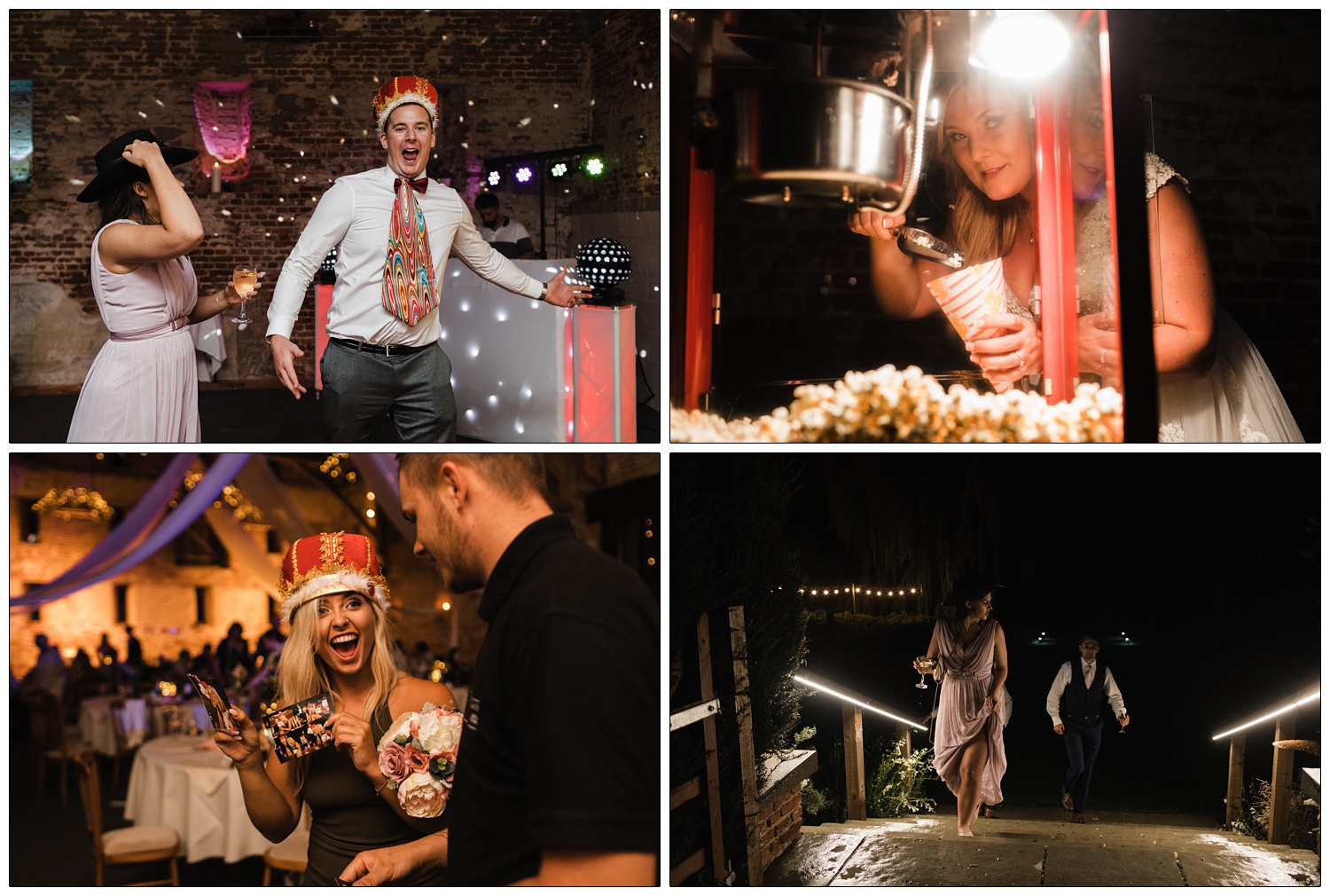 People wearing crowns for photobooth. Bride getting some popcorn. Bridesmaid walking up steps with a man at night.