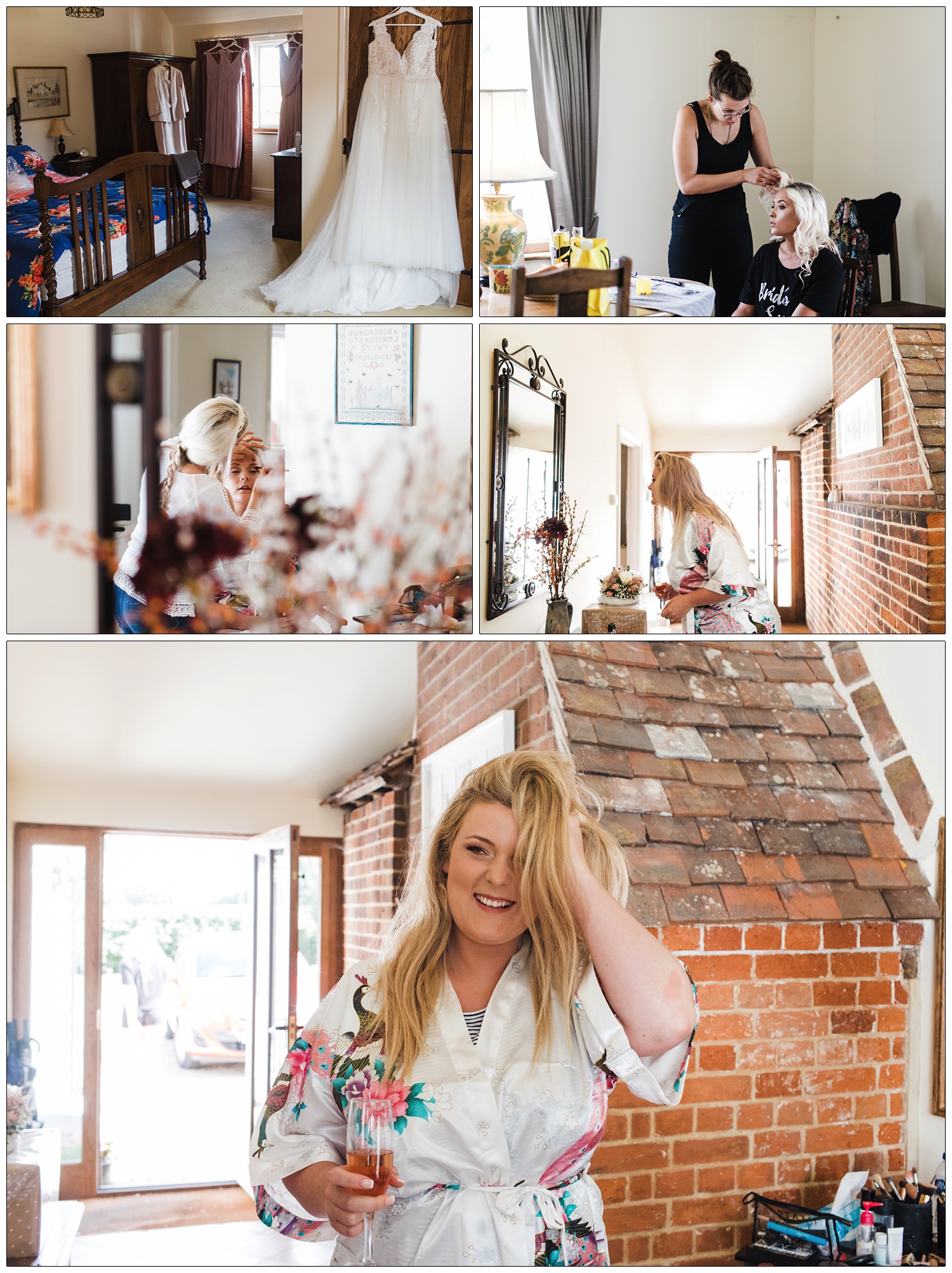 Woman in floral dressing gown ruffles her hair.