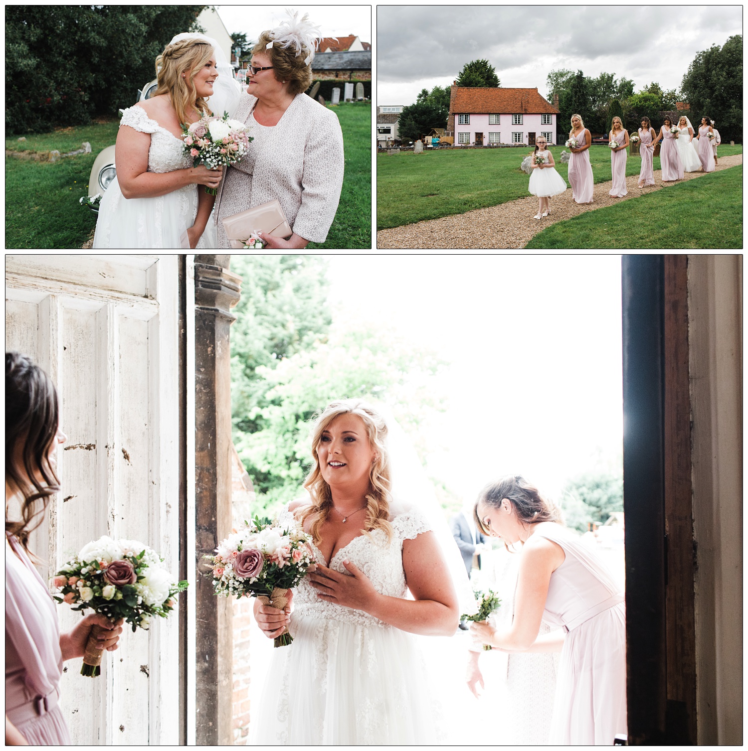 Bride standing at the entrance to St Barnabas Church in Great Tey. She is taking a nervous breath before getting married.