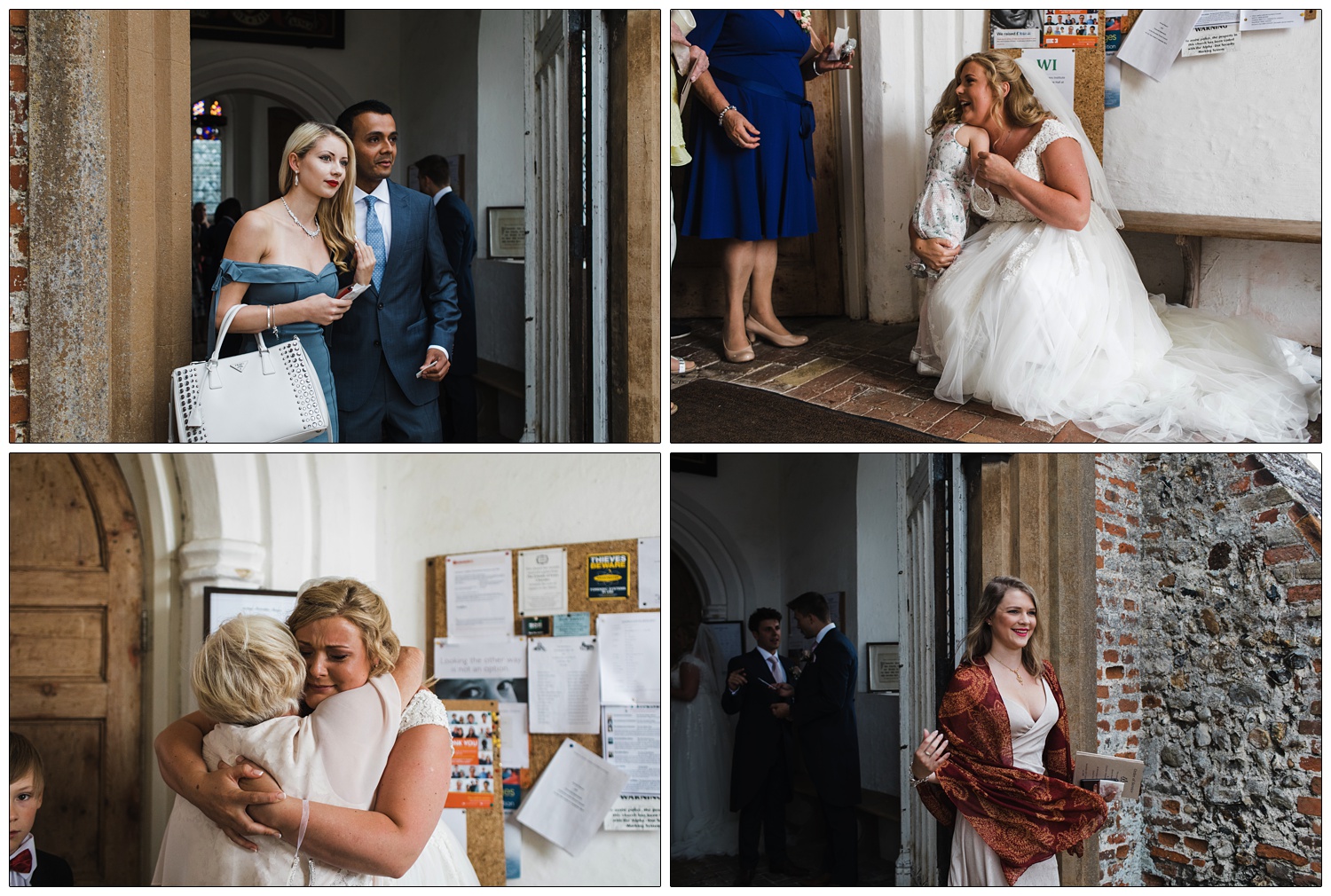 Bride hugging guests as they exit the church in Great Tey.