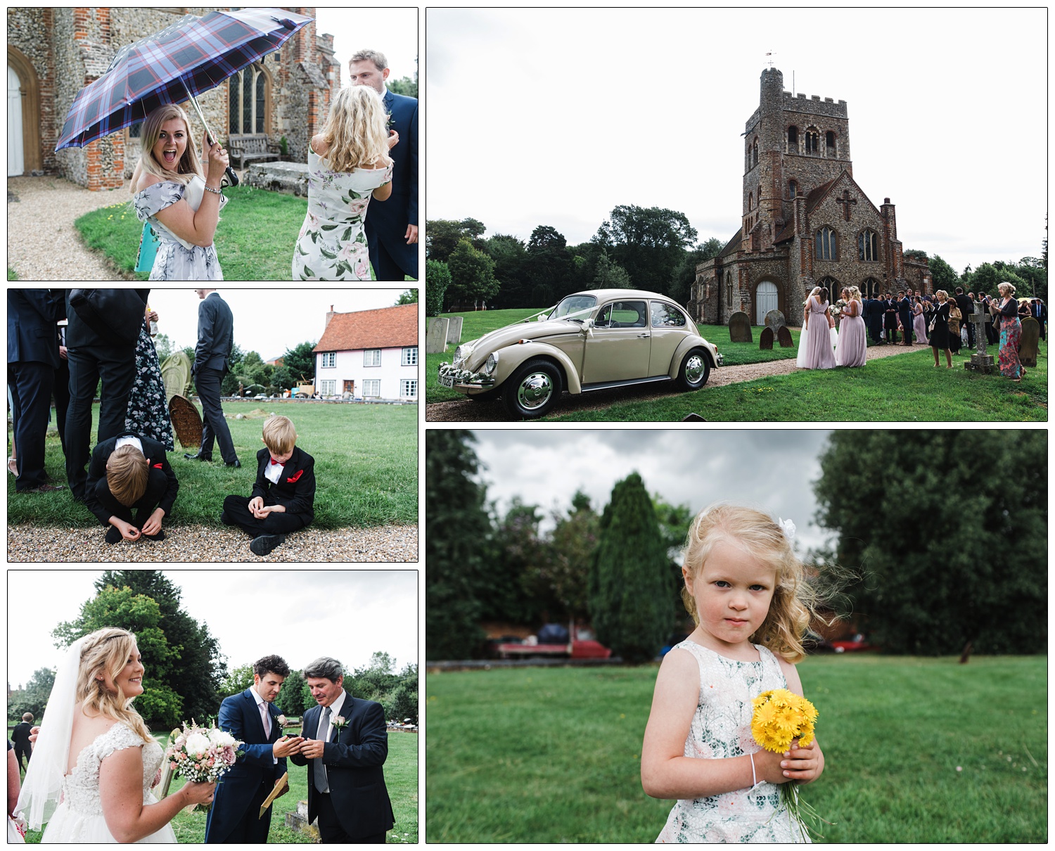 Young girl holding yellow flowers in a church graveyard. Guests outside St Barnabas church in Great Tey. There is a beige 1968 Volkswagen Beetle wedding car..