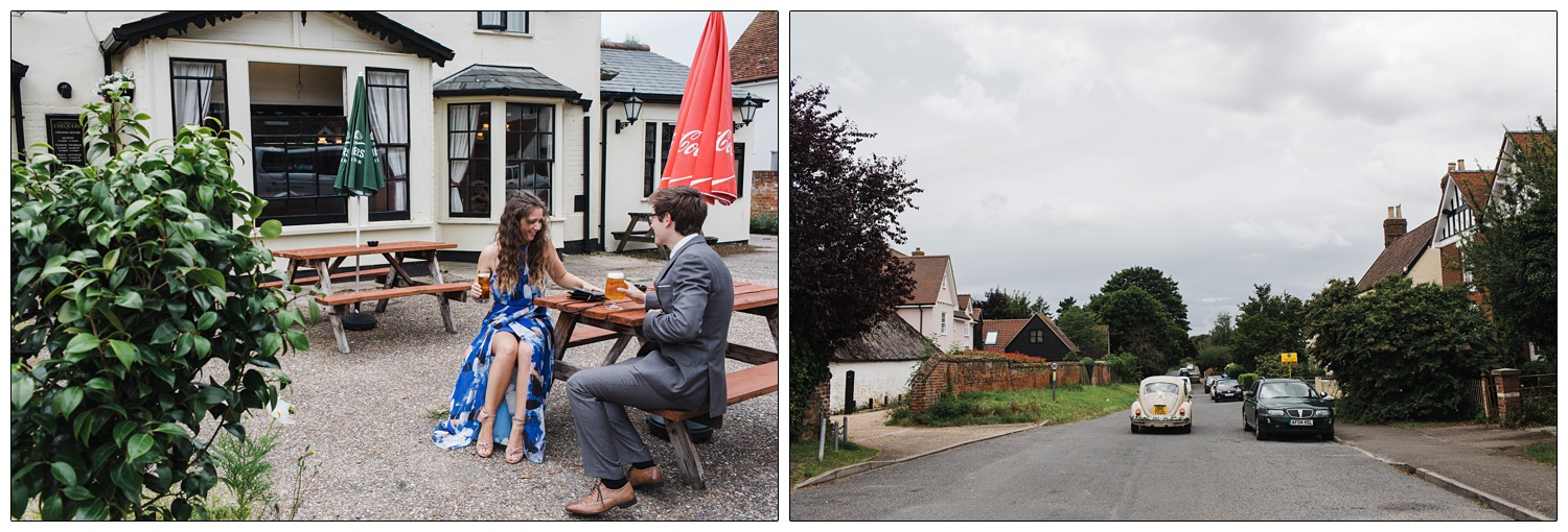 Wedding guests having a quick drink at a pub next to the church