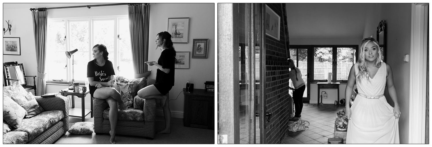 Black and white photographs of bride's squad getting ready for wedding.