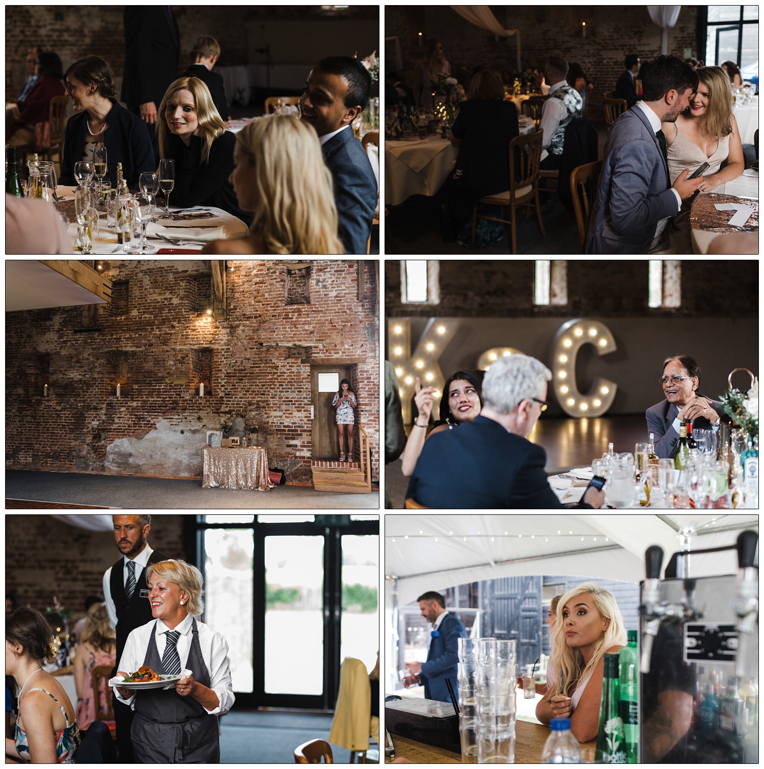 Candid moments from the wedding breakfast in a grade 1 brick and tile barn in North West Essex.