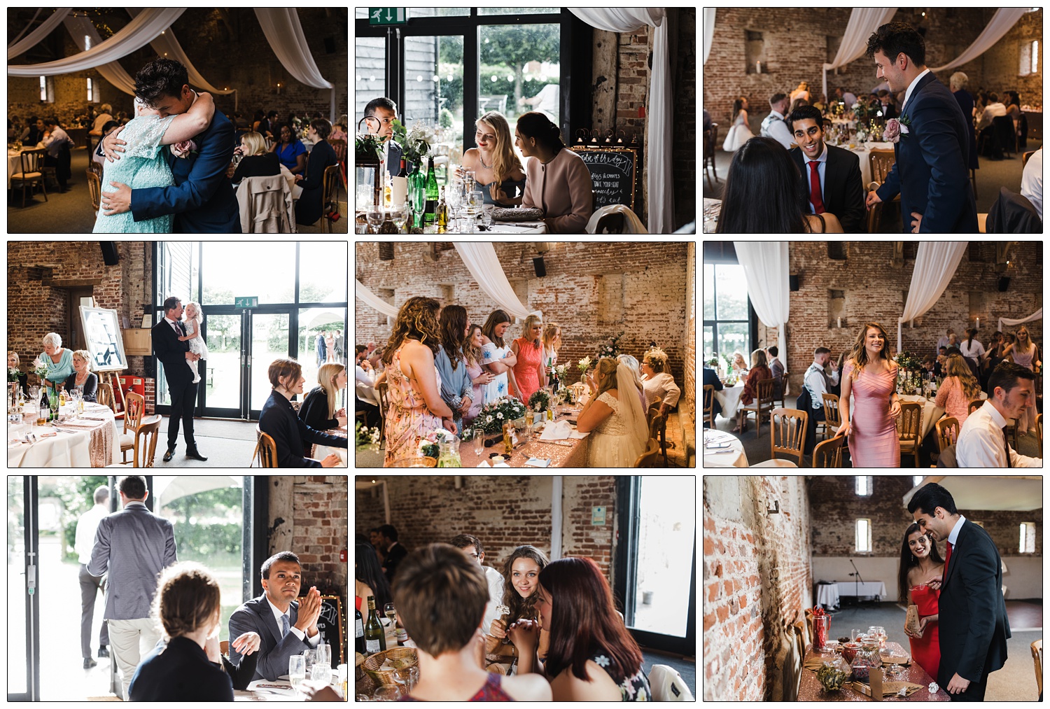 Inside the Anne of Cleves barn for the wedding breakfast, people chatting at tables.