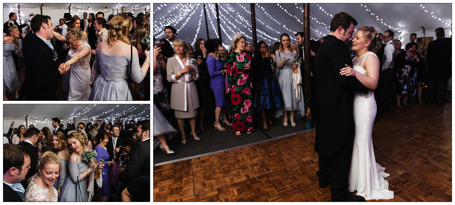 First dance in a marquee decorated with fairy lights.