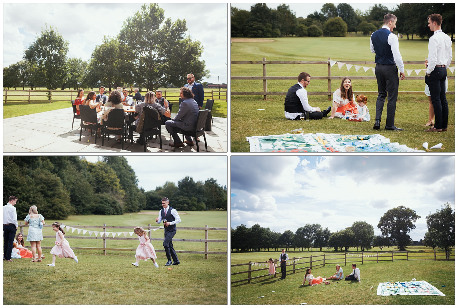 Wedding guests outside at the Fynn Valley Terrace. Some sat at a table, some sat on the grass.
