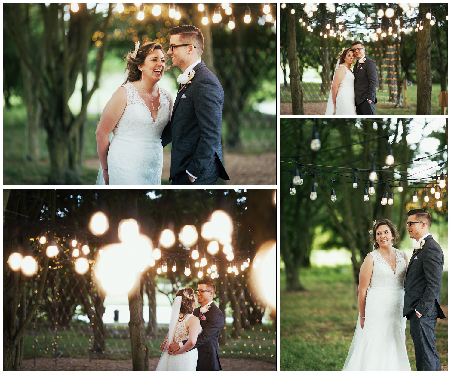 A bride and groom together standing near the trees and under fairy lights. At Fynn Valley Terrace.