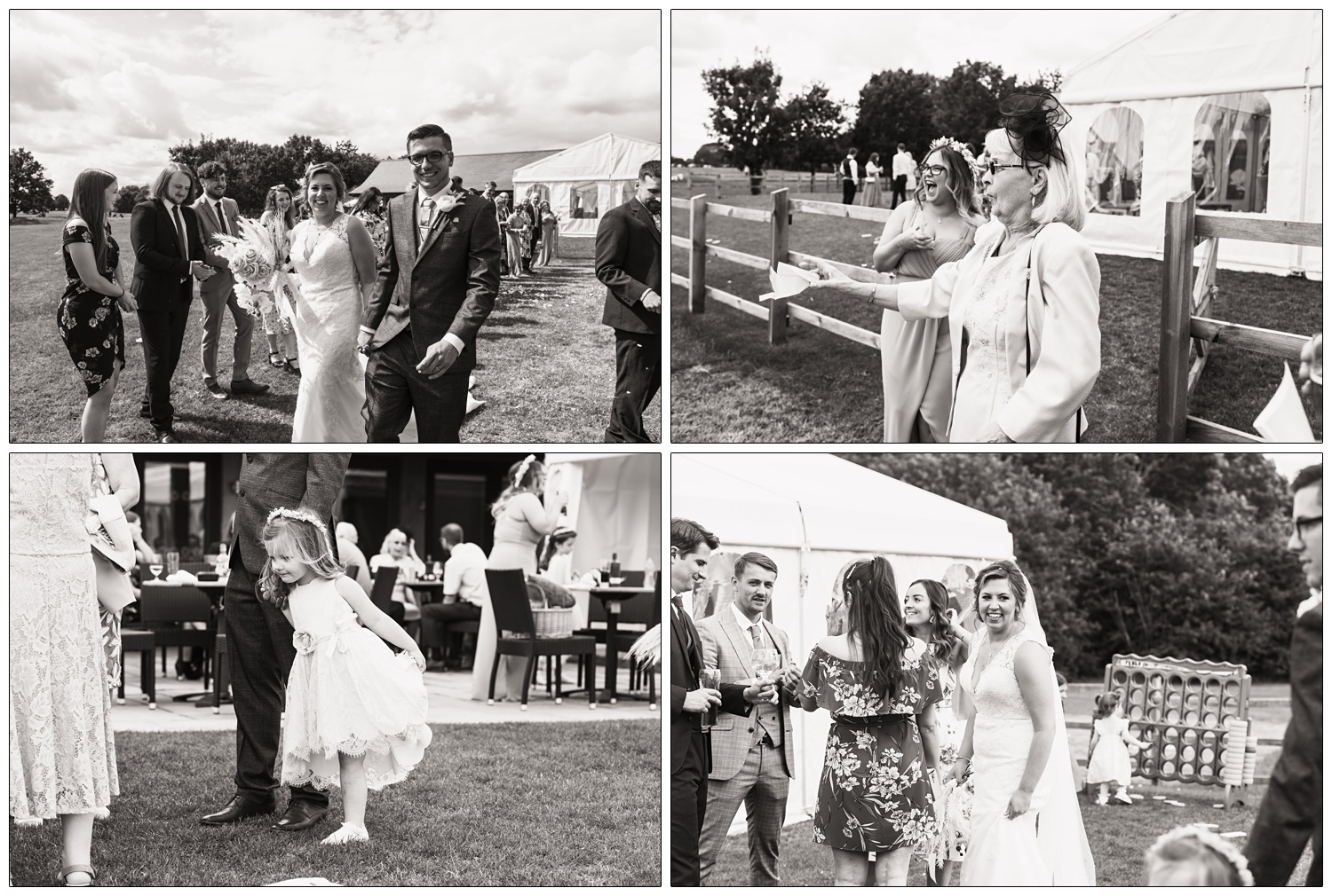 Black and white candid photographs from a wedding near Ipswich.