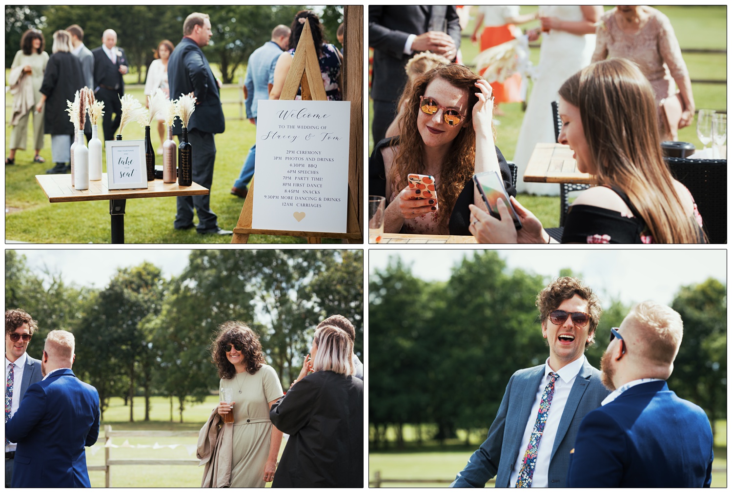 Sign with the order of the wedding day. Guests laugh and chat in the sunshine.