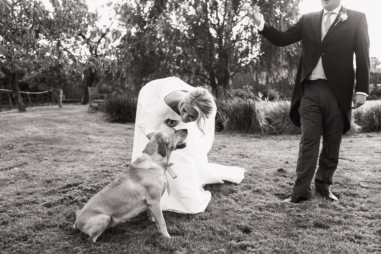 A bride wearing Miss Bush greets her dog in the garden.