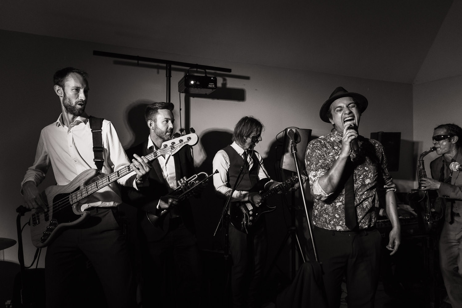 Oomphf funk band performing at a wedding at Houchins, an Essex wedding venue.
Live music at weddings.