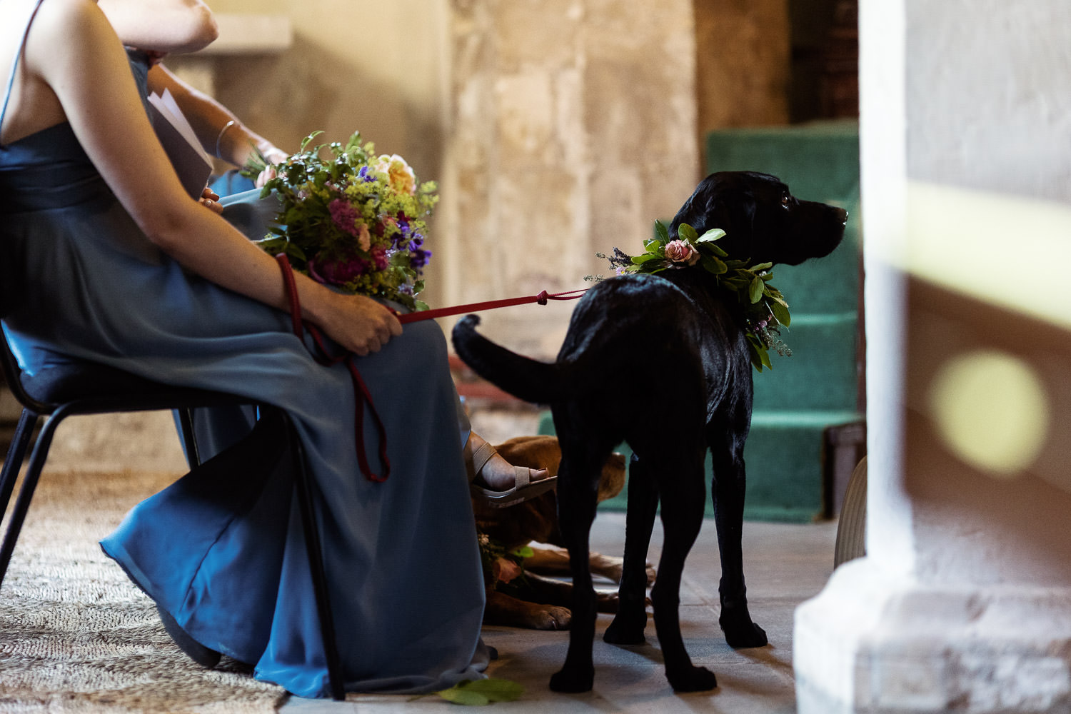 Bridesmaid holding a dog lead in a church. The black dog is watching the wedding.