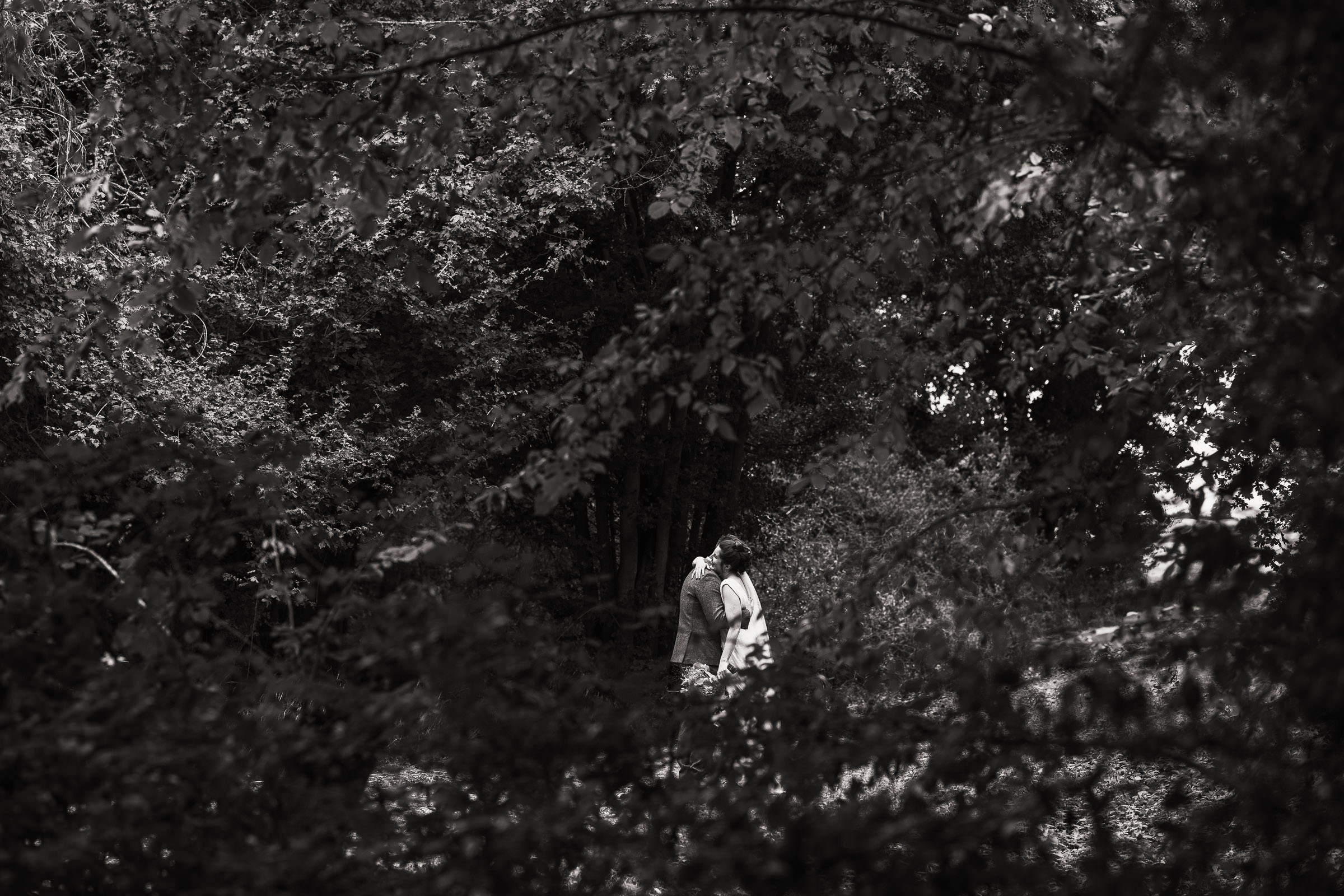 A newly married couple embrace, framed by the branches of the trees. At Houchins a wedding venue in Essex.