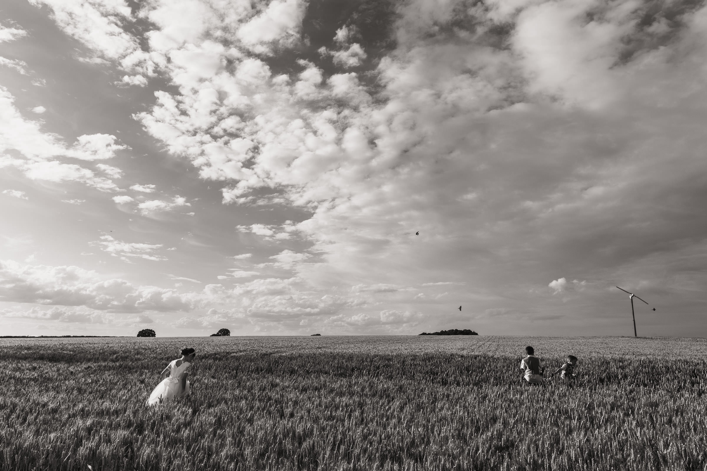 Picture of a flowergirl and page boys playing in a field at a summer farm wedding. Swallows fly above. By a documentary Essex wedding photographer.