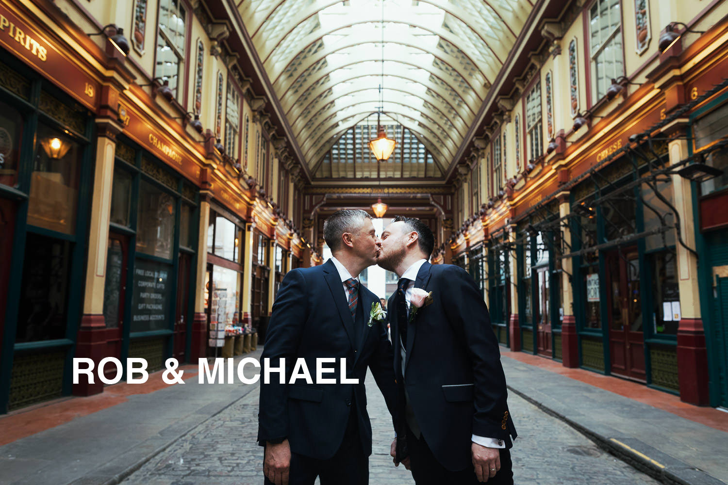 In Leadenhall Market the newly married husbands kiss on the cobbles. EC3V 1LR