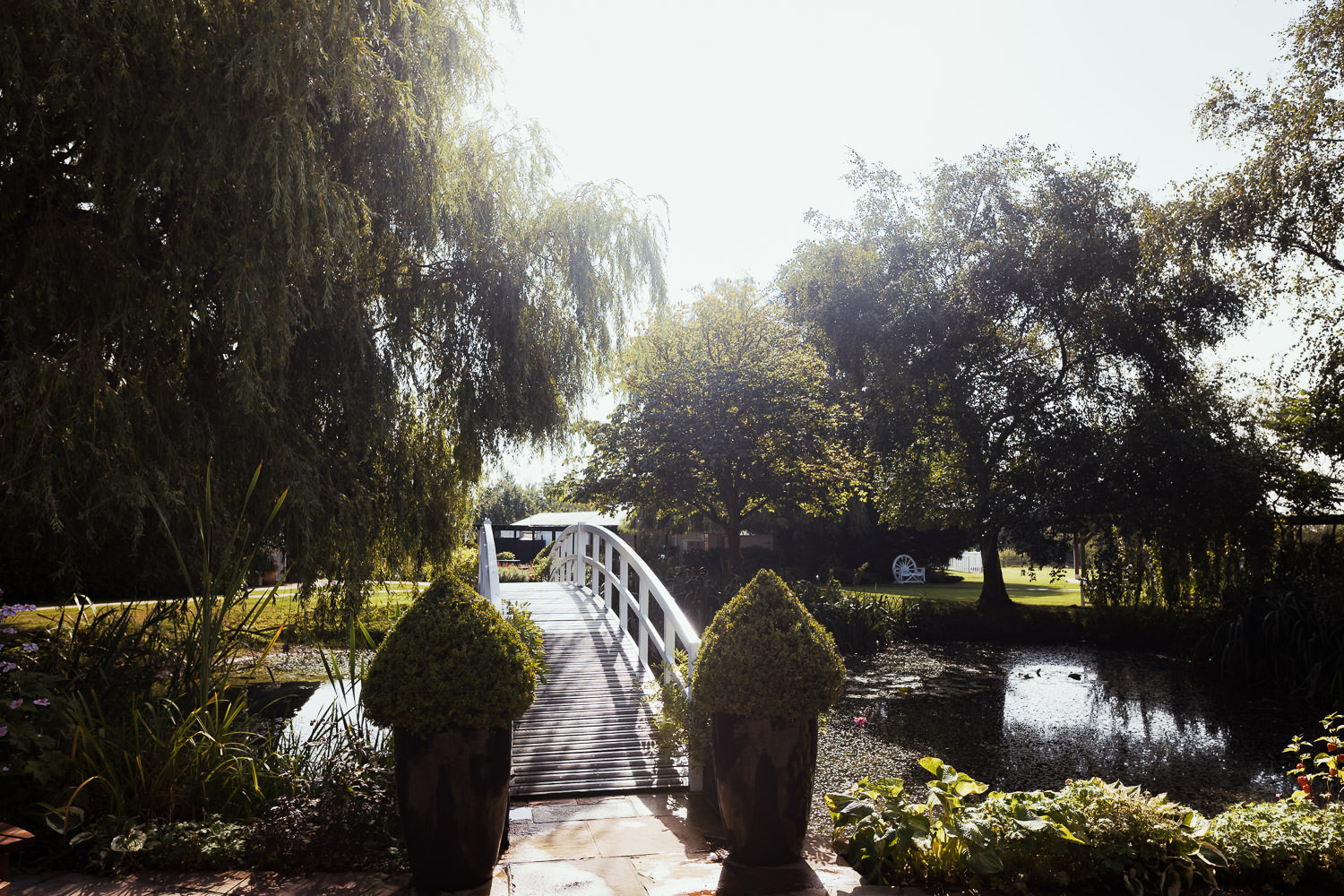 The white bridge over the pond at High House wedding venue in Althorne near South Woodham Ferrers, with sunlight streaming through the trees. High House Weddings Old Heath Road, Althorne, Essex, CM3 6EW
