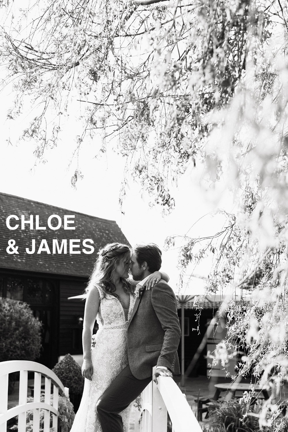 Bride and groom hug on the white bridge at High House Weddings, Old Heath Rd, Althorne, Chelmsford CM3 6EW