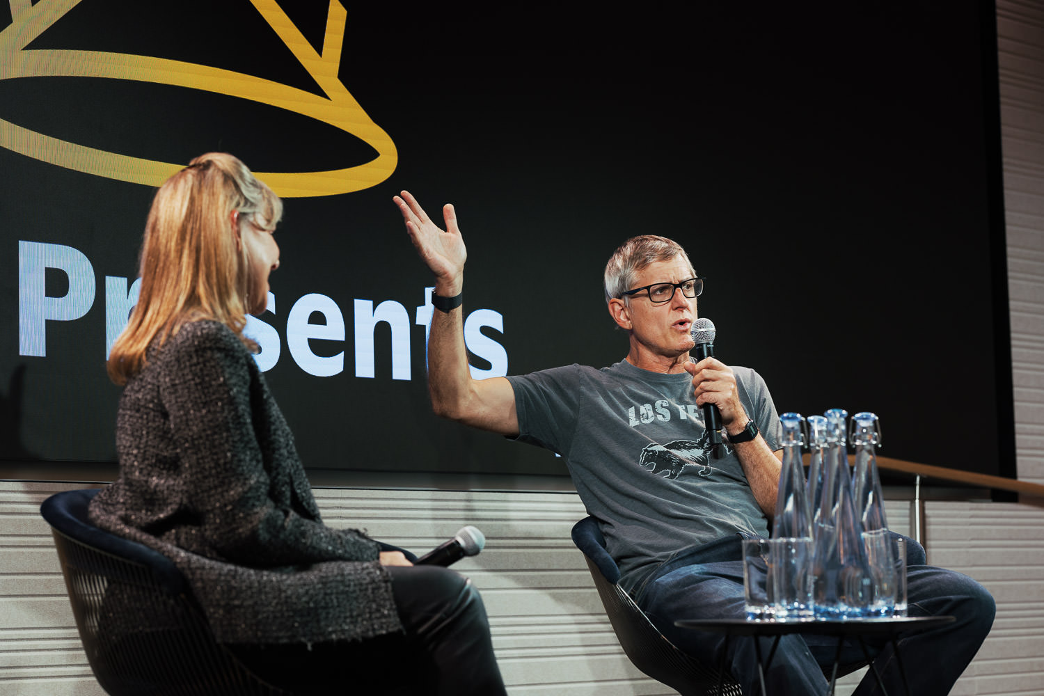 Louis Theroux at a corporate talk in London.