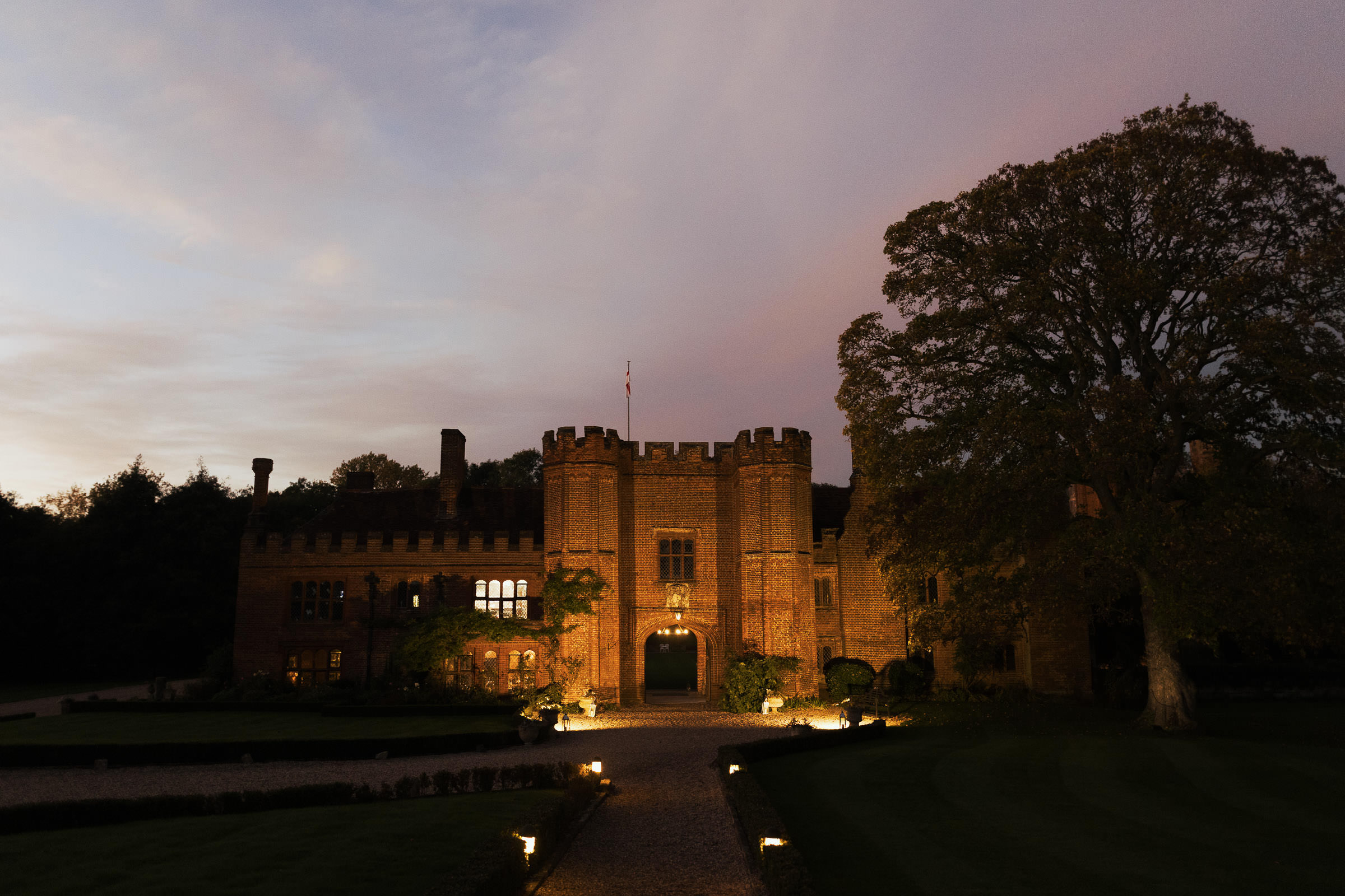 Leez Priory 16th century Tudor Grade I listed building and wedding venue in Essex. Just after sunset in the autumn, October 2024. Hartford End, Great Leighs, Chelmsford CM3 1JP