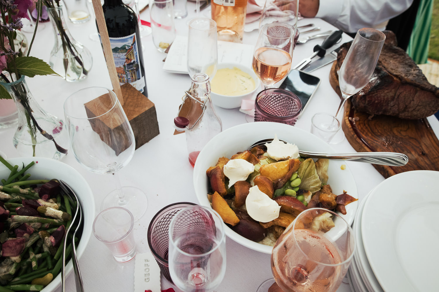 MacKenzie-David Events catering at Norfolk Wedding:
Roast Sirloin of Beef, crushed new potatoes with melted Binham Blue & red onions. Fine beans, beetroot & shallots with cornichon and pumpkin seeds and coriander. Charred hispi cabbage, edamame beans, roasted peaches and whipped goat’s cheese. 